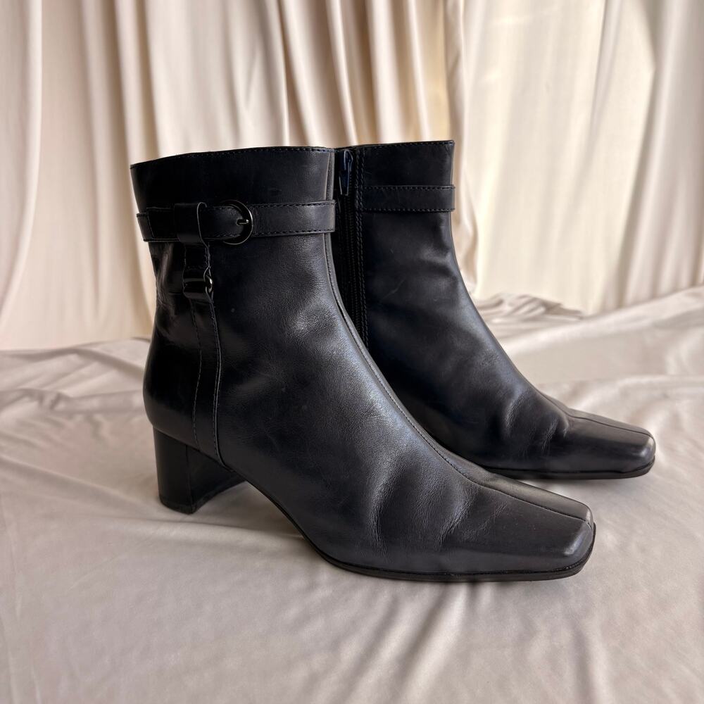 Vintage Navy Blue Leather Ankle Booties - Square Toe, Buckle Detail, 7.5